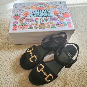 Jeffrey Campbell Black Suede Gold Timeless 2 Platform Sandal Shoe Women Size 7.5